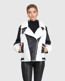 Merino Shearling Lamb Zip Moto Jacket | Black/White