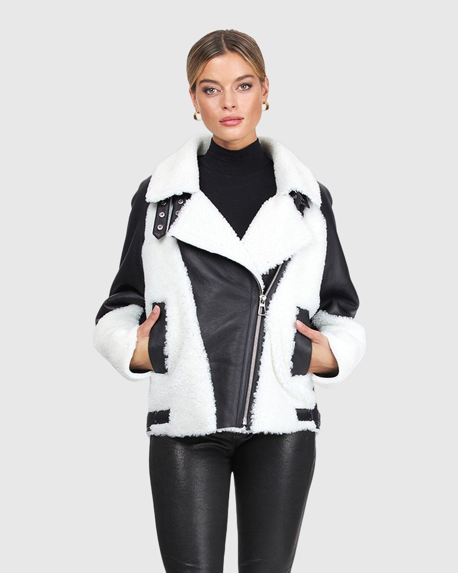 Merino Shearling Lamb Zip Moto Jacket | Black/White