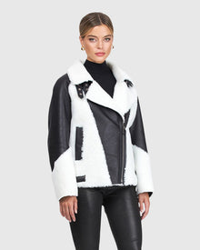 Merino Shearling Lamb Zip Moto Jacket | Black/White