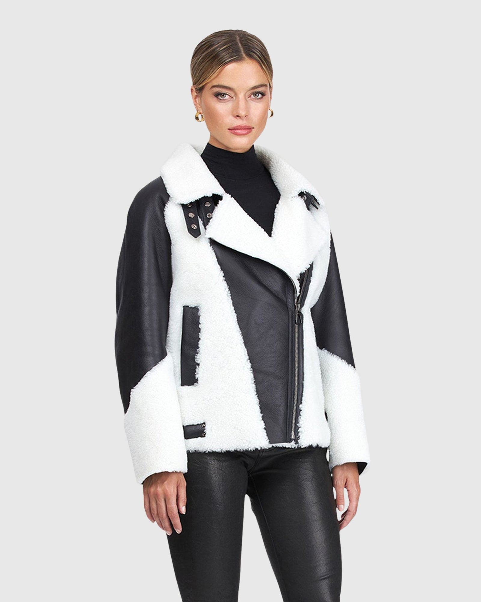 Merino Shearling Lamb Zip Moto Jacket | Black/White