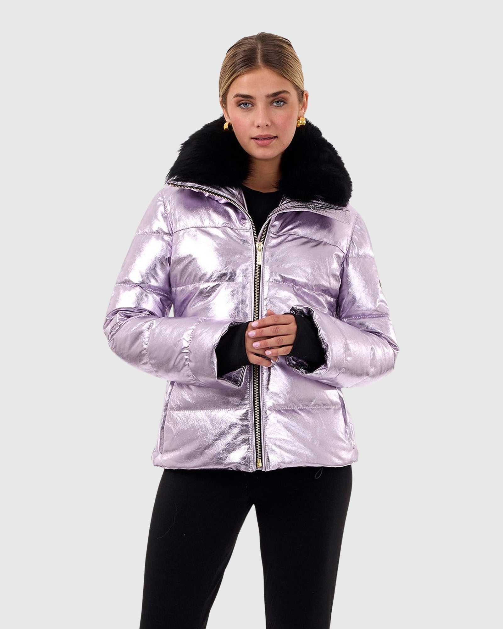 Metallic Après-Ski Jacket With Detachable Toscana Shearling Lamb Collar | Lilac/Black