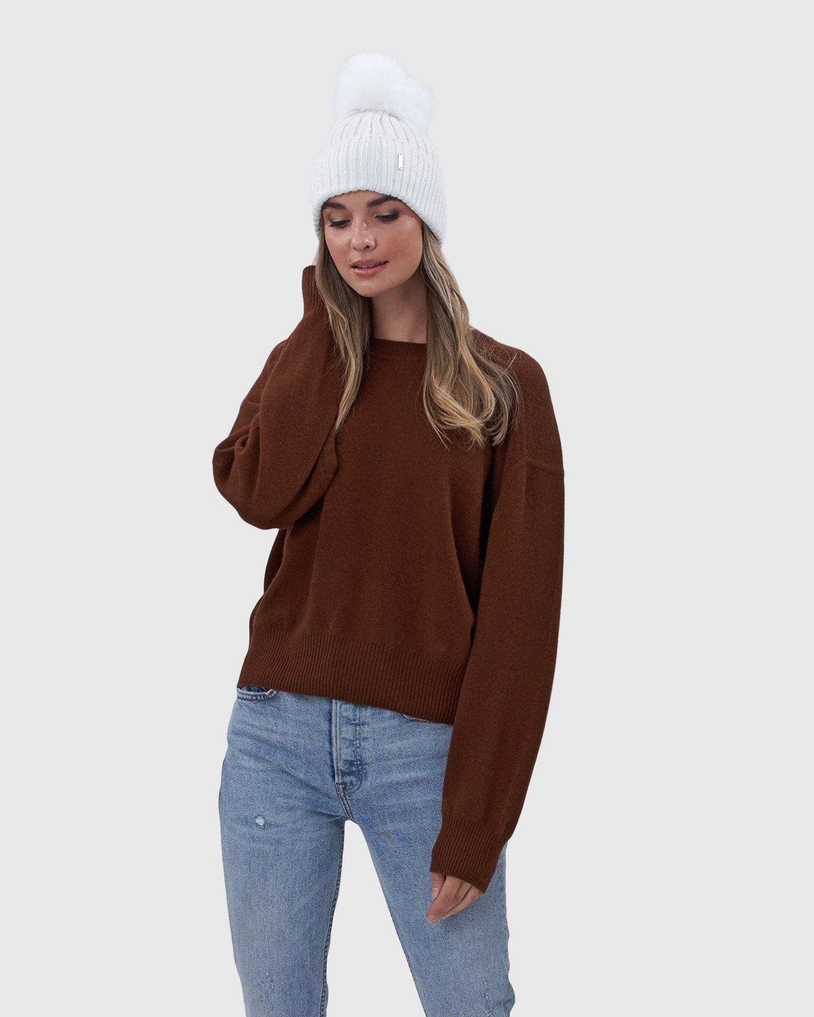 Metallic Wool Blend Hat With Fox Pompom | Ivory/White