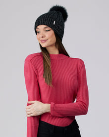 Metallic Wool Blend Knit Hat with Toscana Shearling Lamb Pompom | Black/Silver/Black