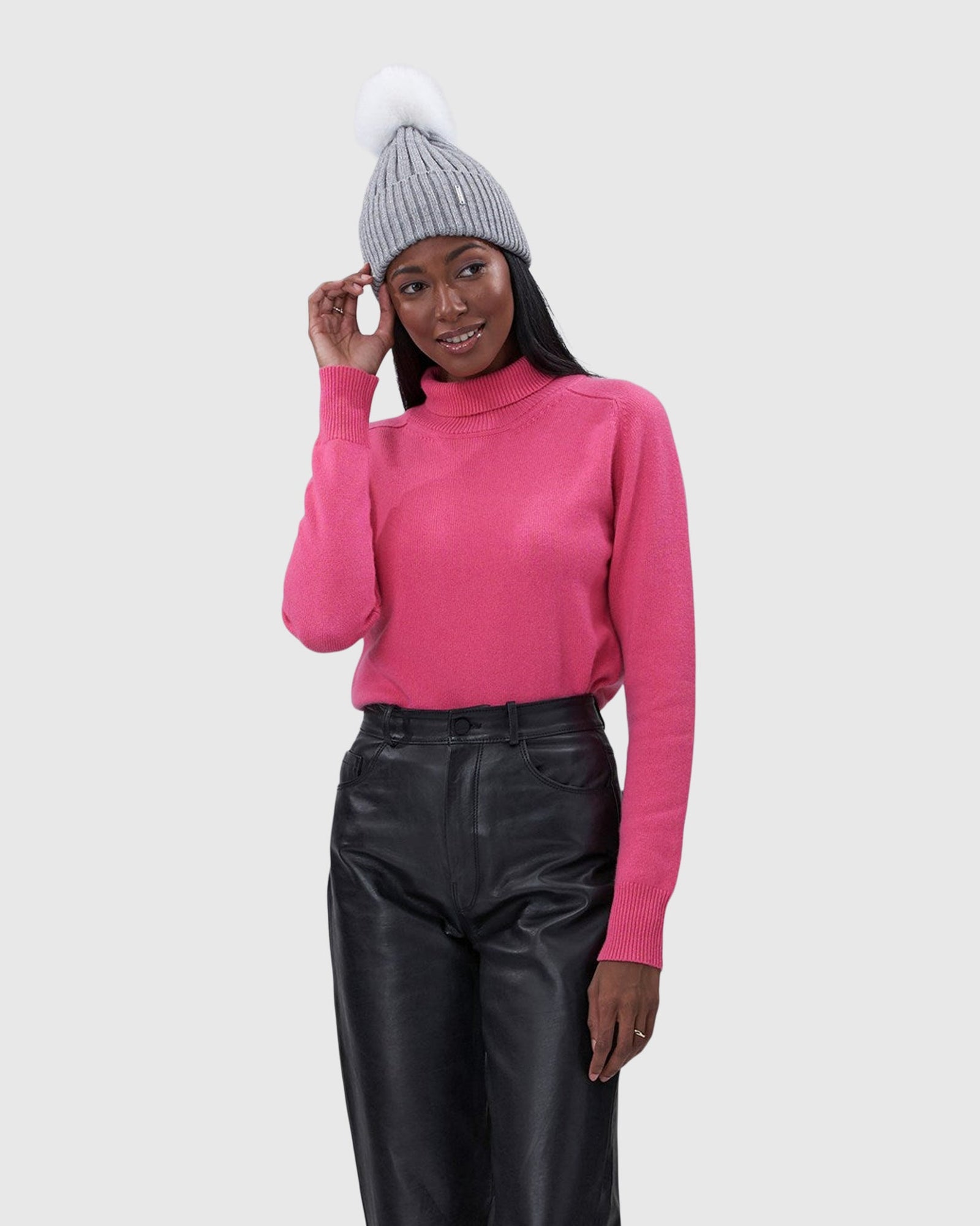 Metallic Wool Blend Hat With Fox Pompom | Gray/White