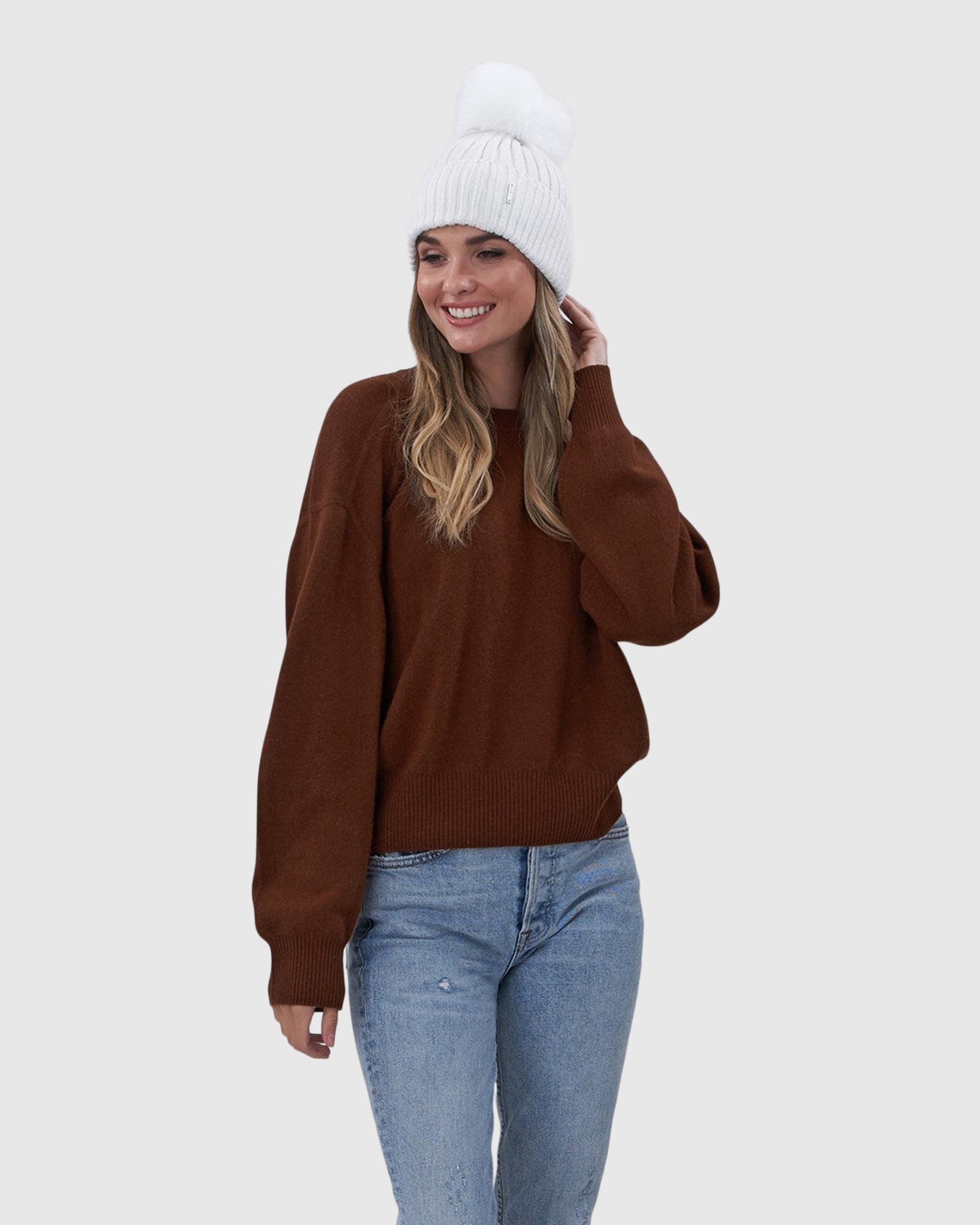 Metallic Wool Blend Hat With Fox Pompom | Ivory/White