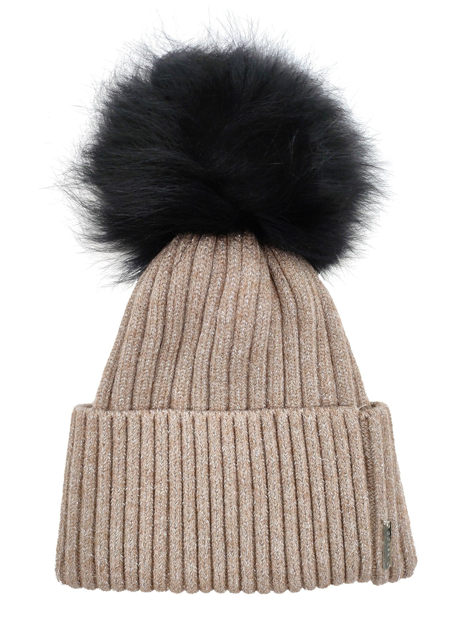 Metallic Wool Blend Knit Hat With Select Lamb Pompom | Women | Taupe x Black