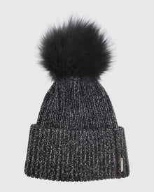 Metallic Wool Blend Knit Hat with Toscana Shearling Lamb Pompom | Black/Silver/Black
