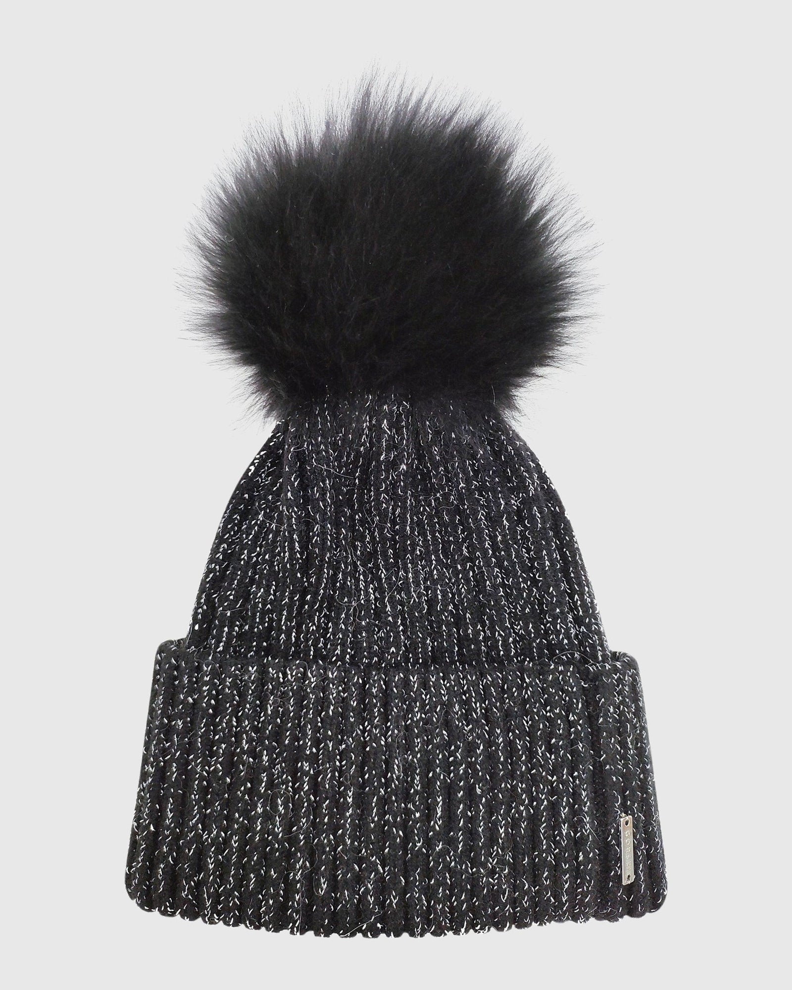 Metallic Wool Blend Knit Hat with Toscana Shearling Lamb Pompom | Black/Silver/Black