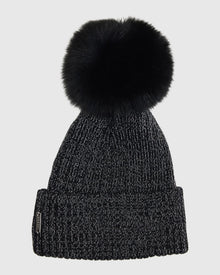 Metallic Wool Blend Knit Hat with Toscana Shearling Lamb Pompom | Black/Silver/Black