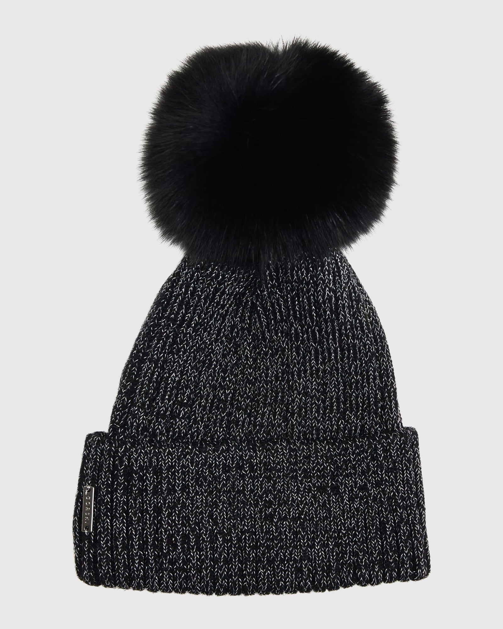 Metallic Wool Blend Knit Hat with Toscana Shearling Lamb Pompom | Black/Silver/Black