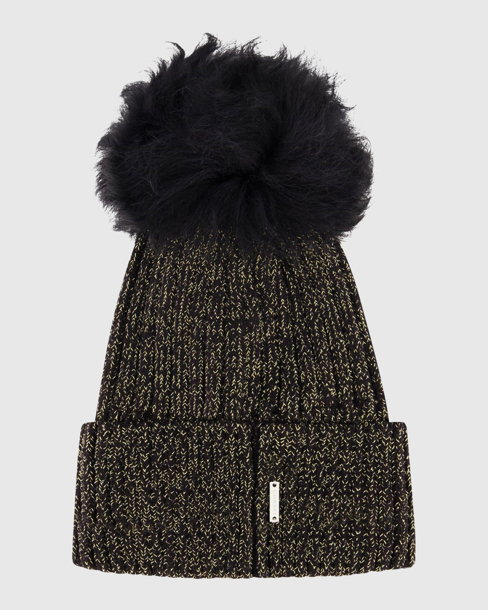 Metallic Wool Blend Knit Hat with Toscana Shearling Lamb Pompom | Black/Gold/Black