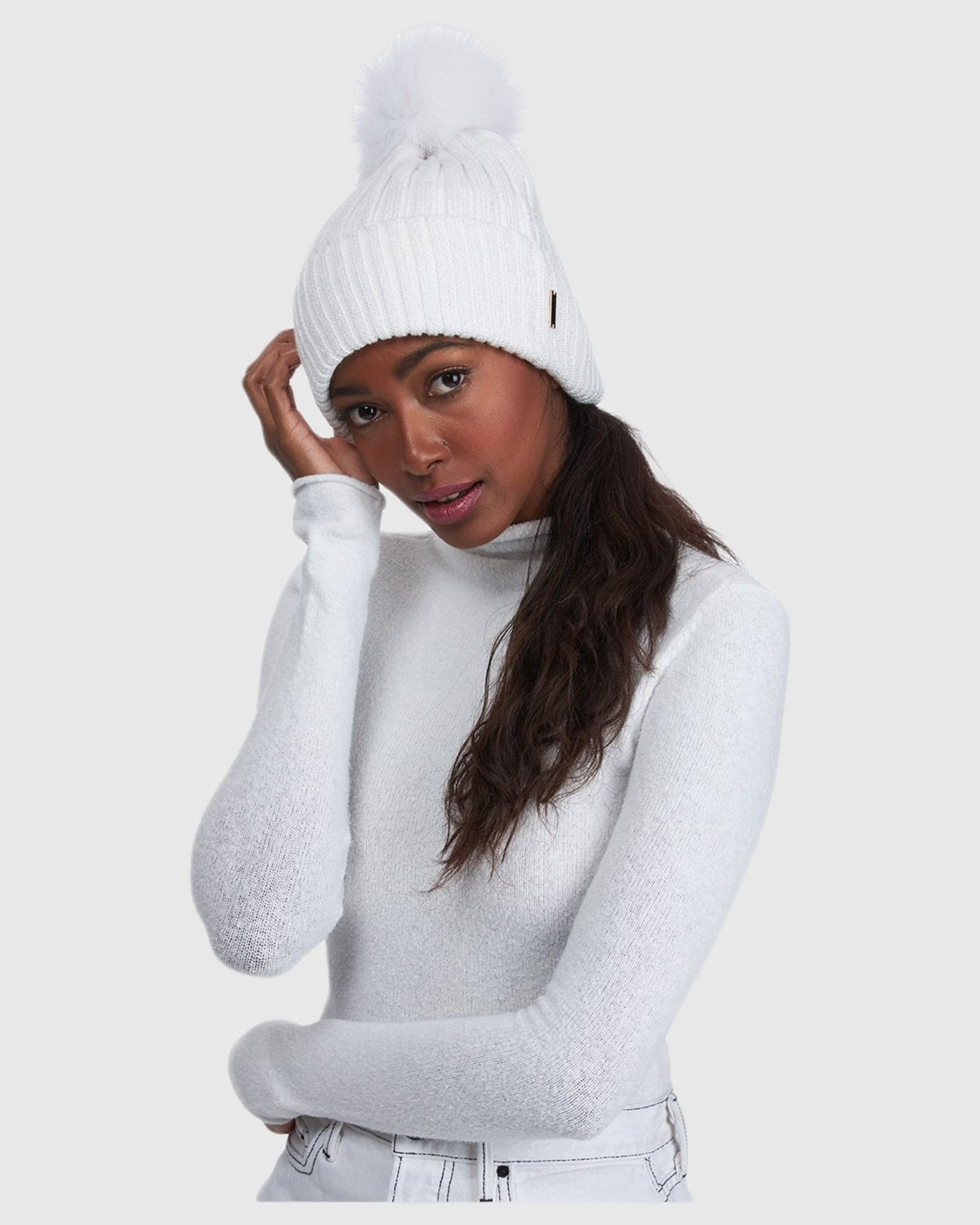 Metallic Wool Blend Hat With Fox Pompom | Ivory/White