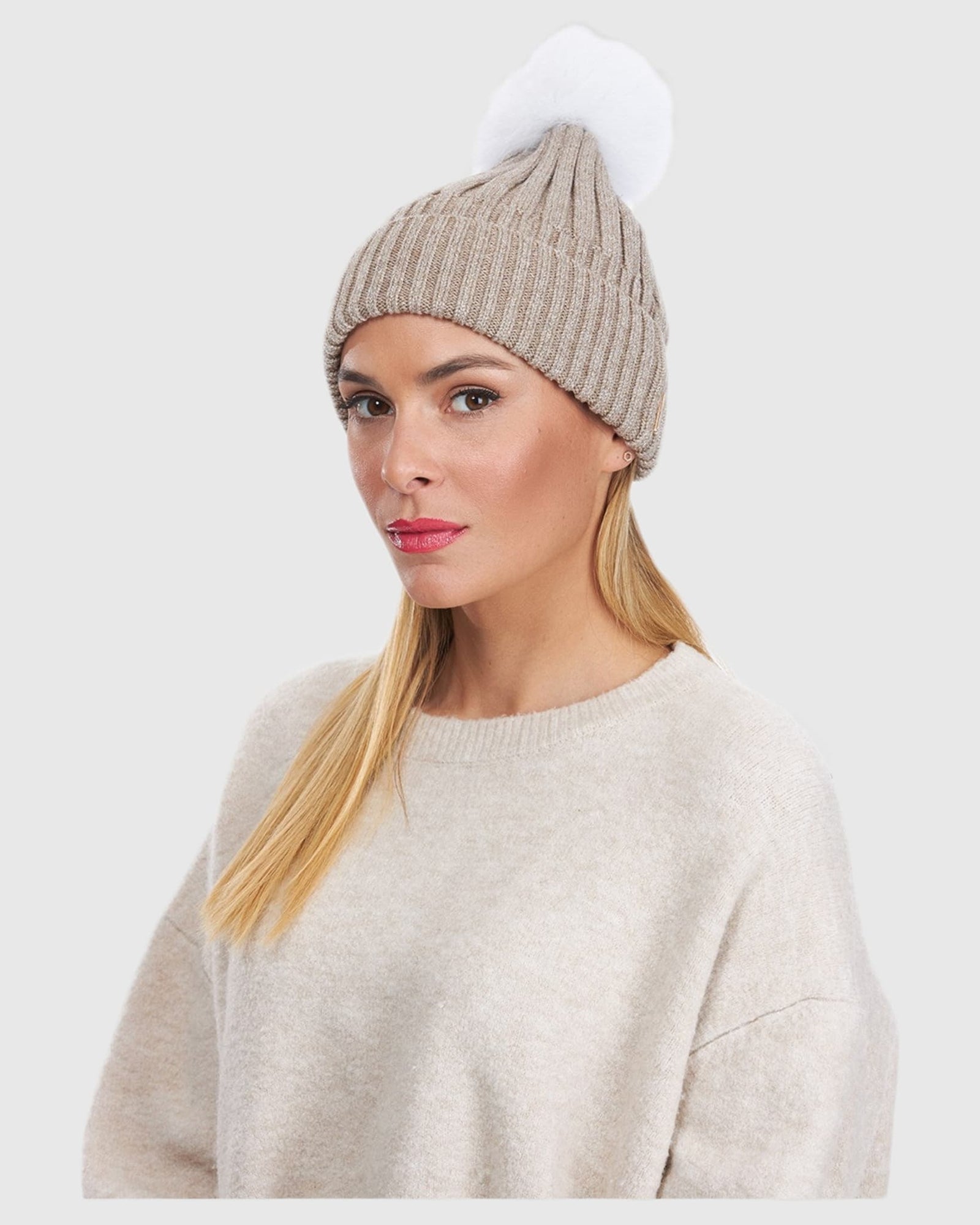 Metallic Wool Blend Knit Hat with Toscana Shearling Lamb Pompom | Taupe/White