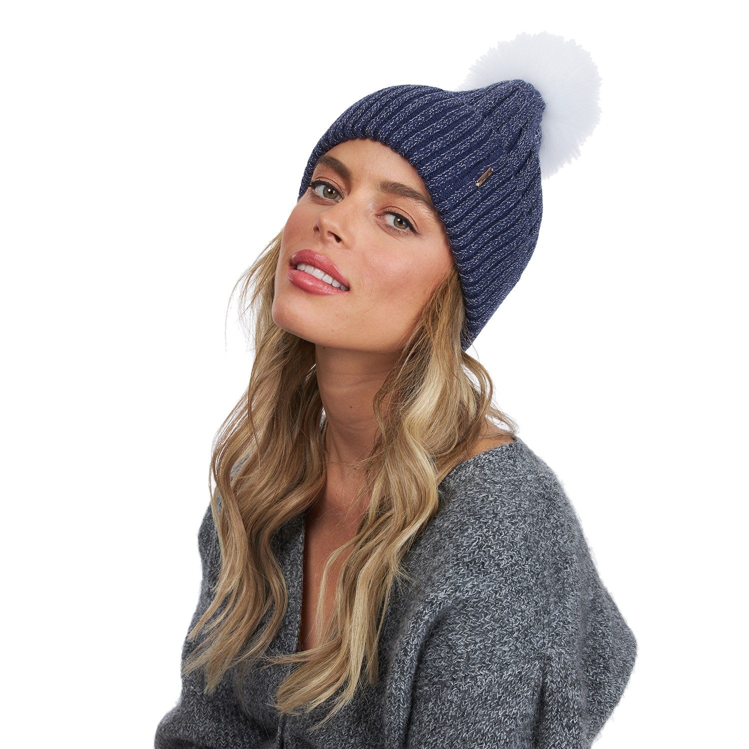 Metallic Wool Blend Knit Hat With Toscana Shearling Lamb Pompom | Women | Navy x White