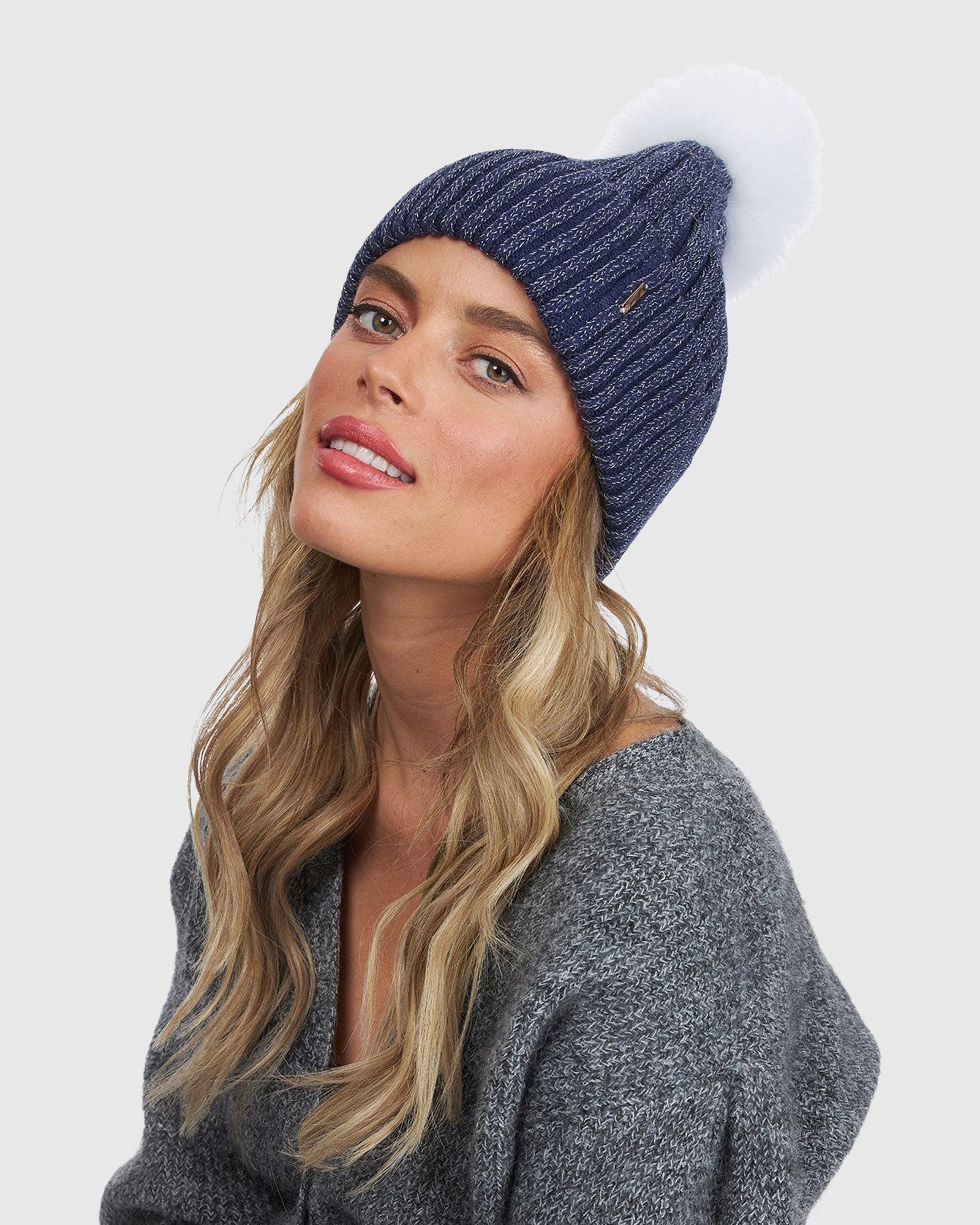 Metallic Wool Blend Knit Hat with Toscana Shearling Lamb Pompom | Navy/White