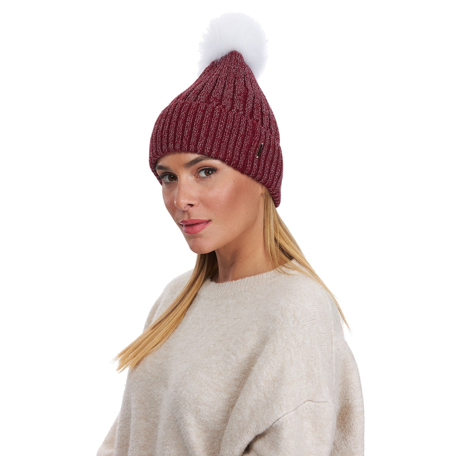 Metallic Wool Blend Knit Hat With Toscana Shearling Lamb Pompom | Women | Burgundy x White