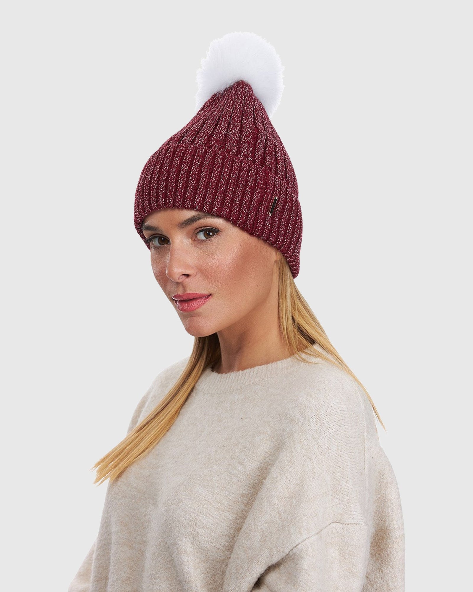 Metallic Wool Blend Knit Hat with Toscana Shearling Lamb Pompom | Burgundy/White