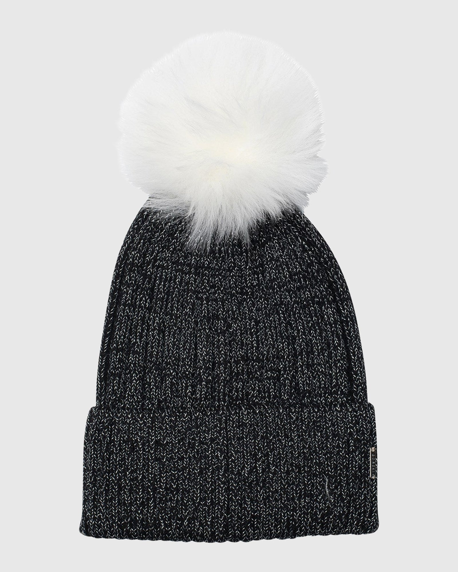 Metallic Wool Blend Knit Hat with Toscana Shearling Lamb Pompom | Black/White