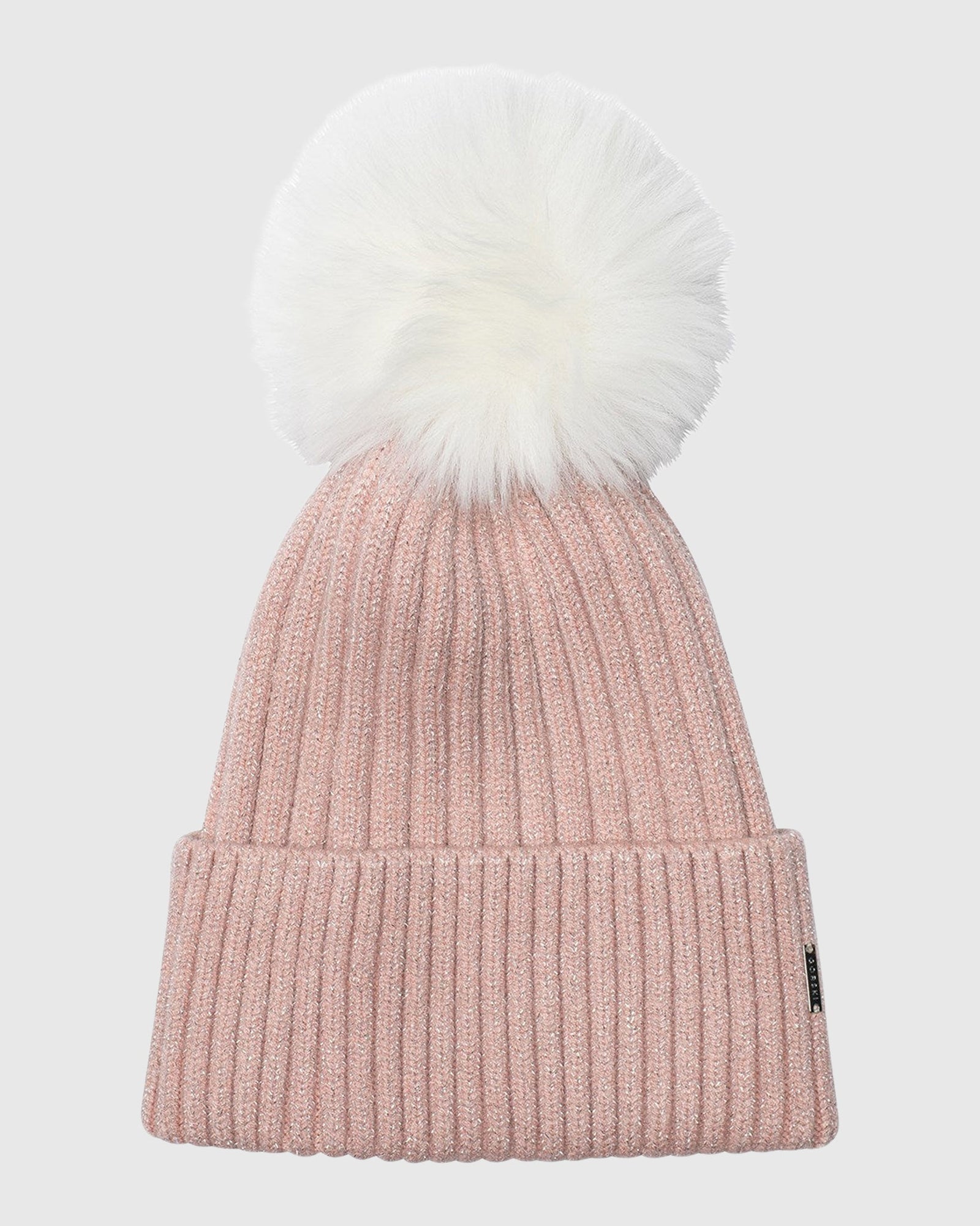 Metallic Wool Blend Knit Hat with Toscana Shearling Lamb Pompom | Pink/White