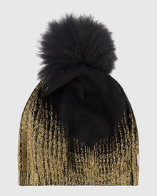 Metallic Wool Blend Knit Hat with Toscana Shearling Lamb Pompom | Black/Gold/Black