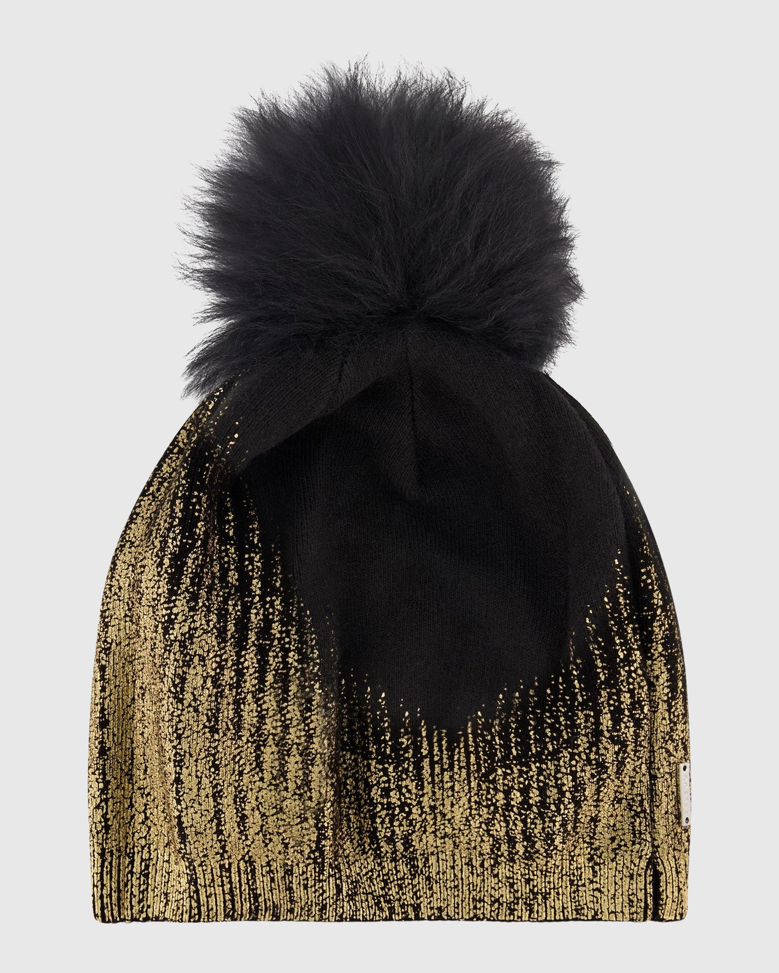 Metallic Wool Blend Knit Hat with Toscana Shearling Lamb Pompom | Black/Gold/Black