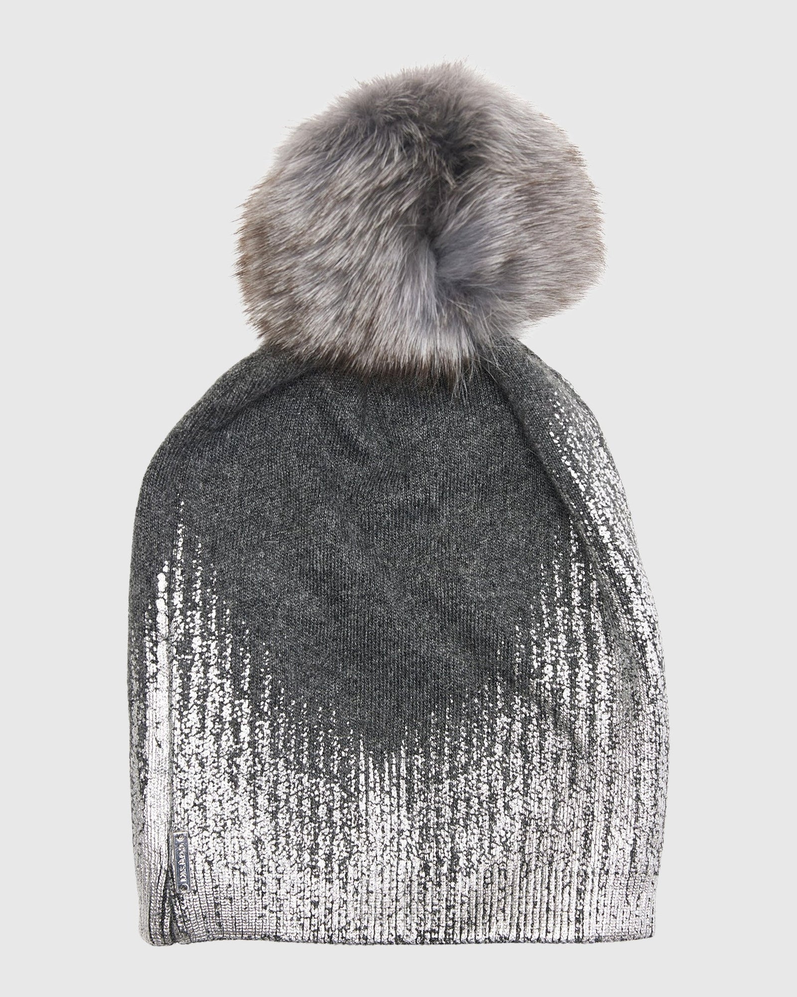 Metallic Wool Blend Knit Hat with Toscana Shearling Lamb Pompom | Gray/Silver/Gray