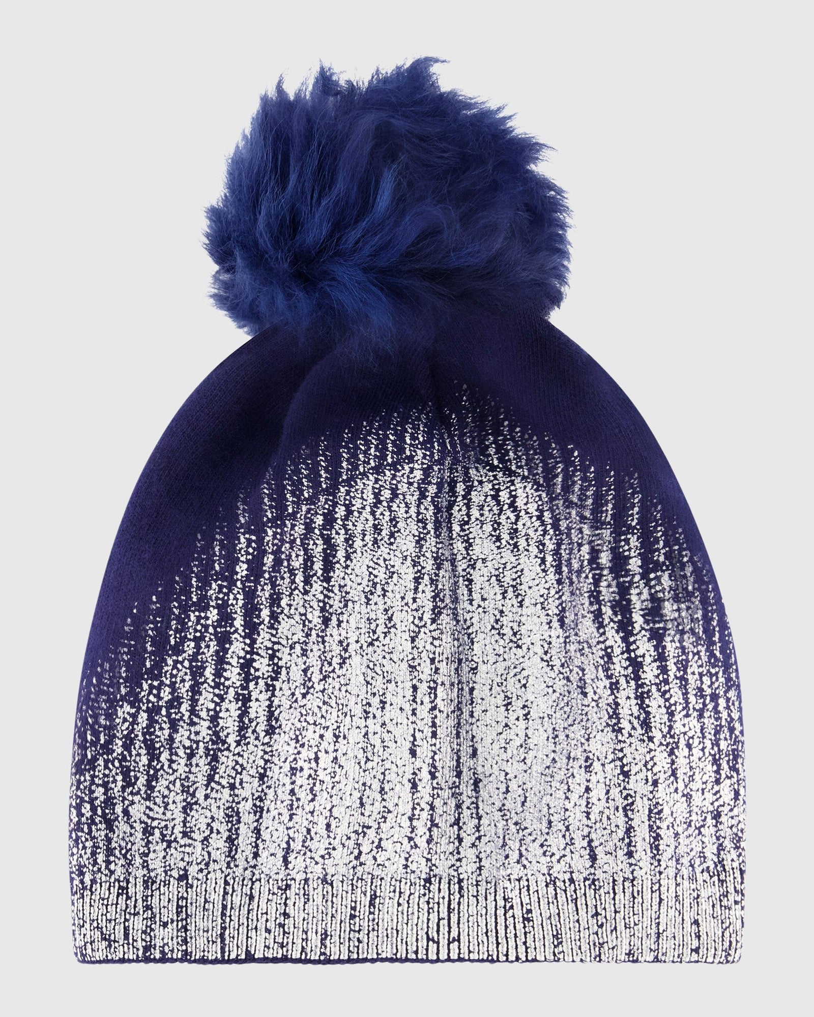 Metallic Wool Blend Knit Hat with Toscana Shearling Lamb Pompom | Navy/Silver/Navy