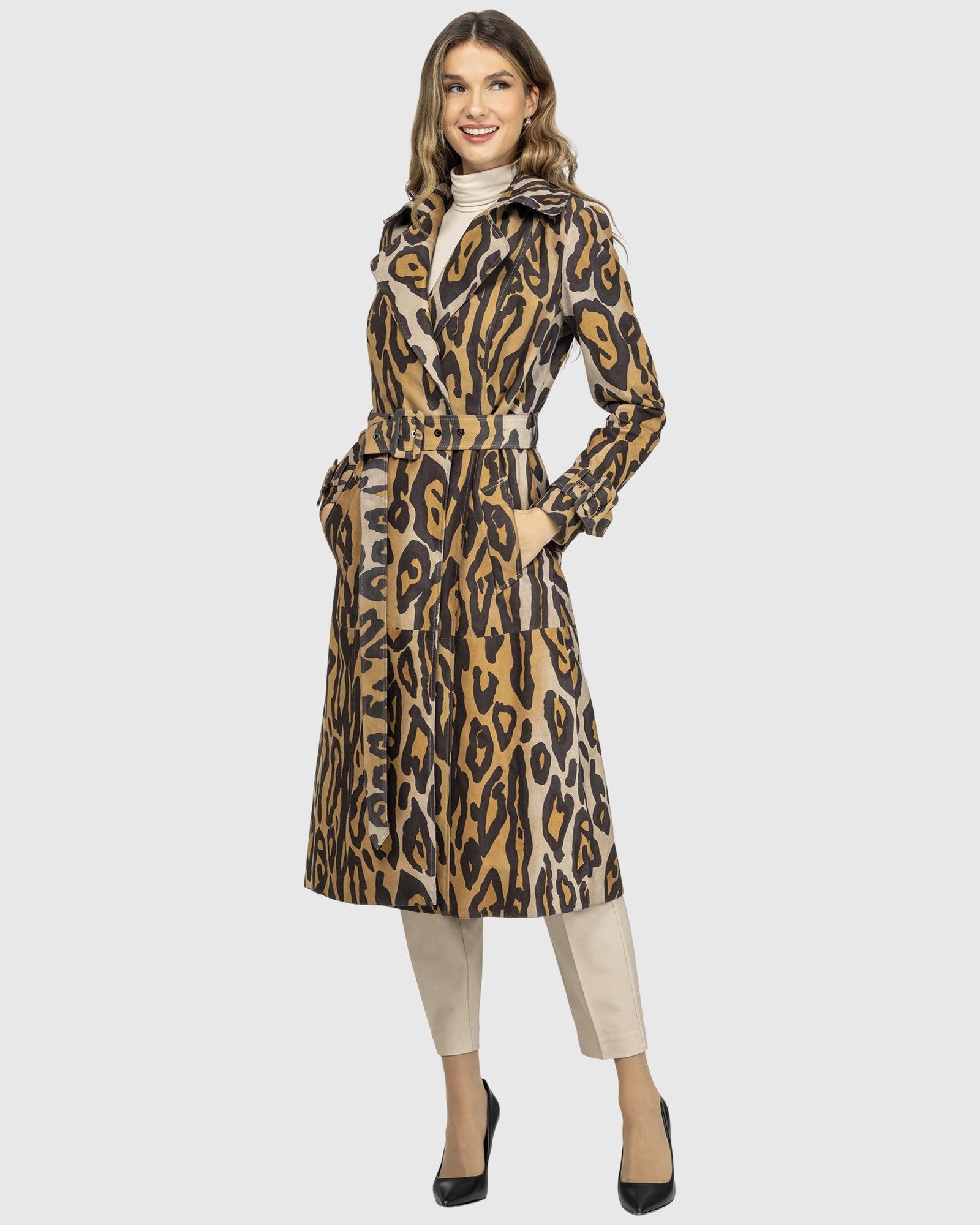 Metis Suede Belted Trench Coat | Ocelo Print