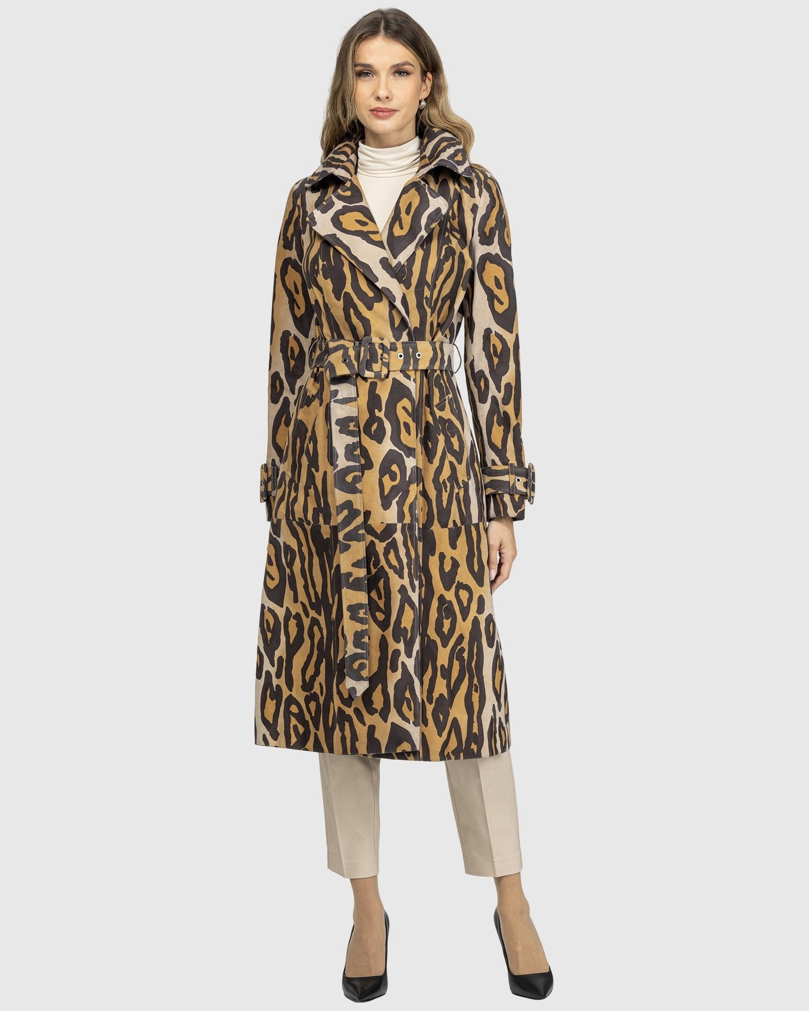 Metis Suede Belted Trench Coat | Ocelo Print