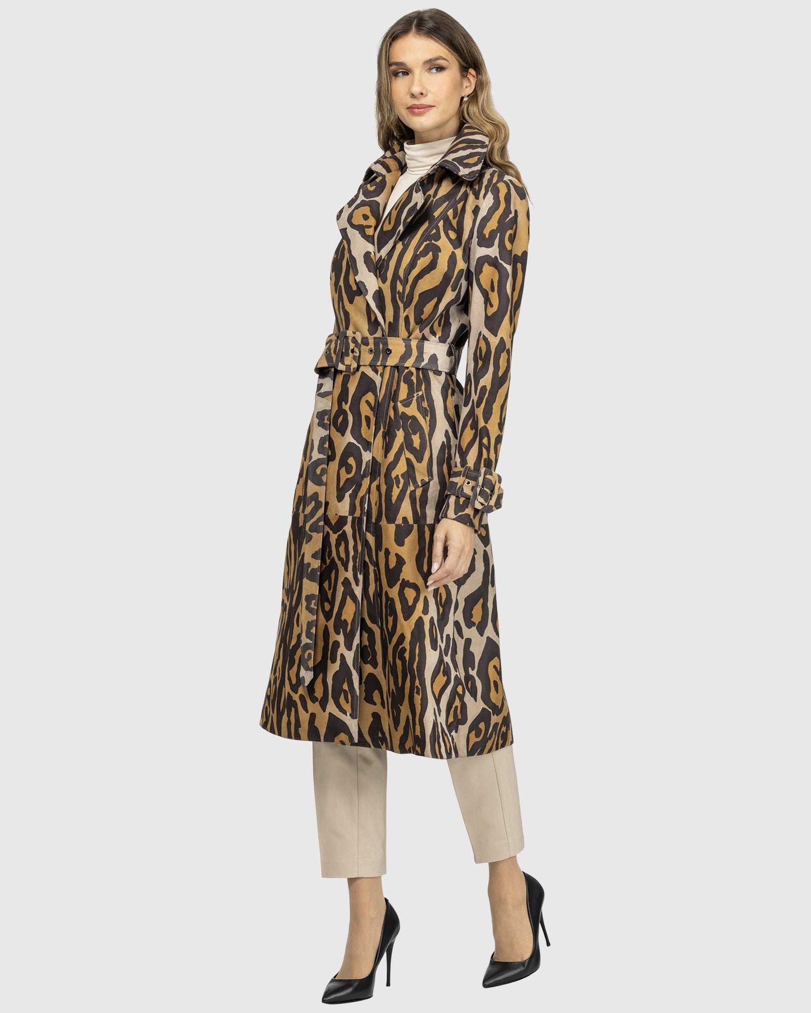 Metis Suede Belted Trench Coat | Ocelo Print