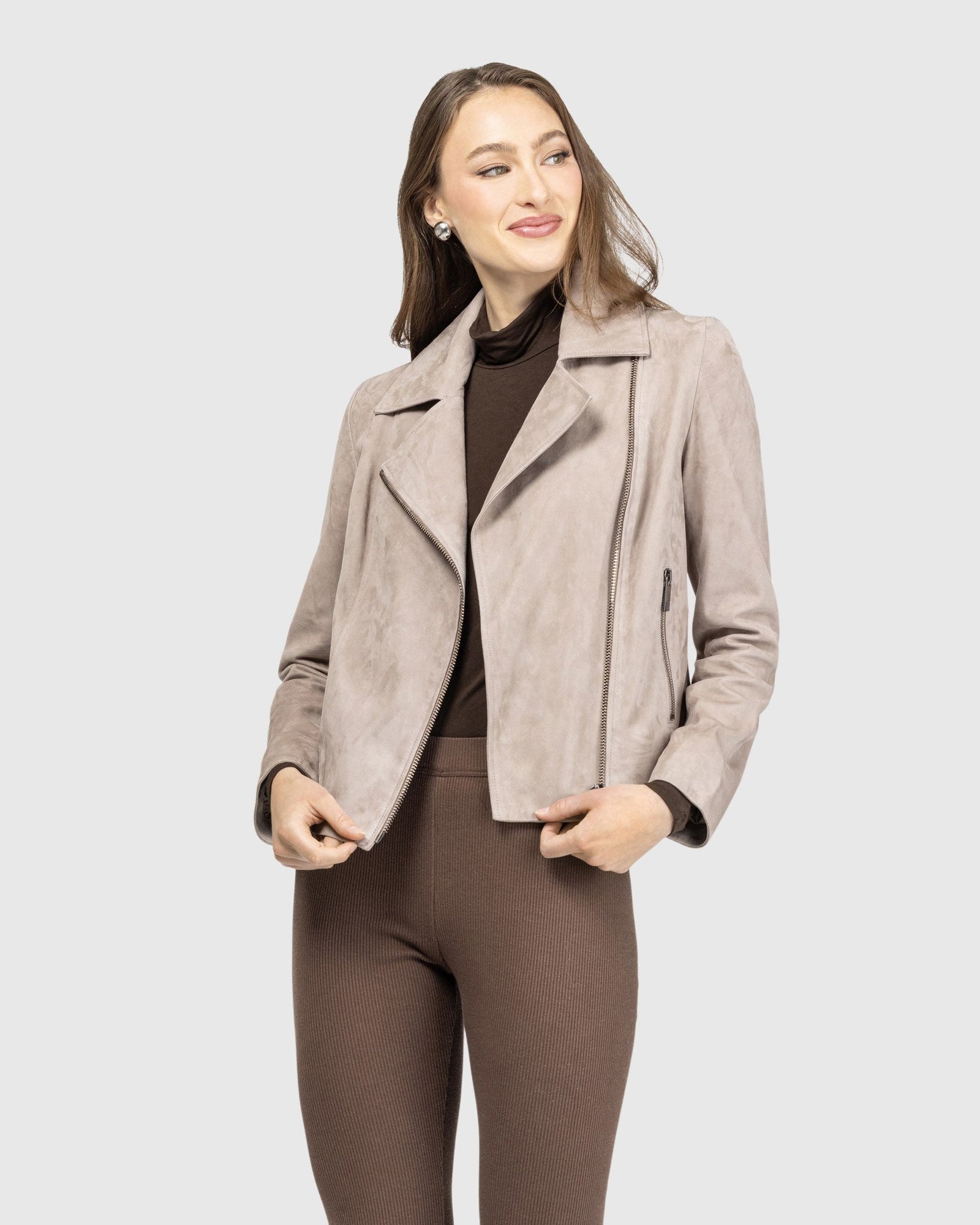 Metis Suede Moto Zip Jacket | Taupe