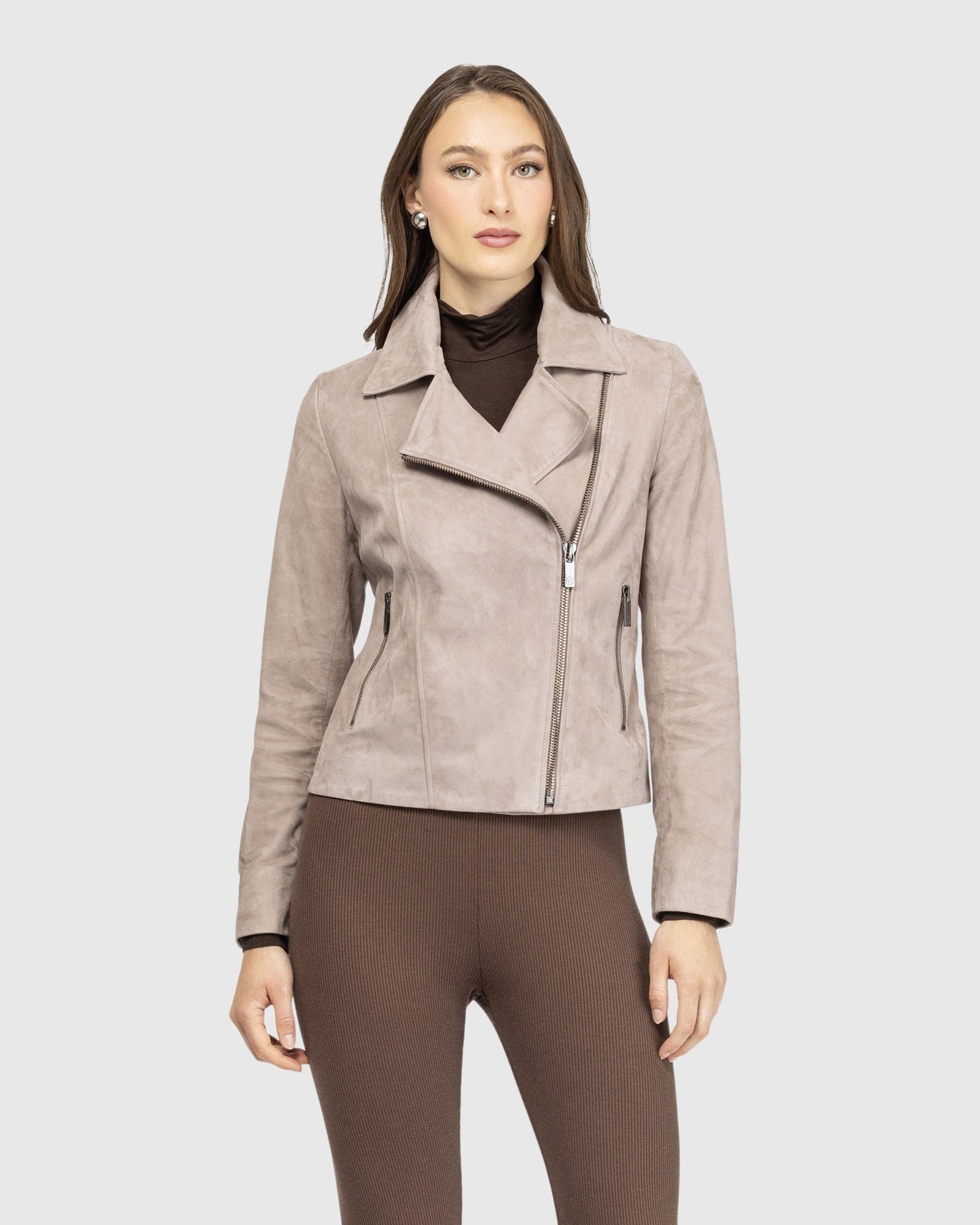 Metis Suede Moto Zip Jacket | Taupe