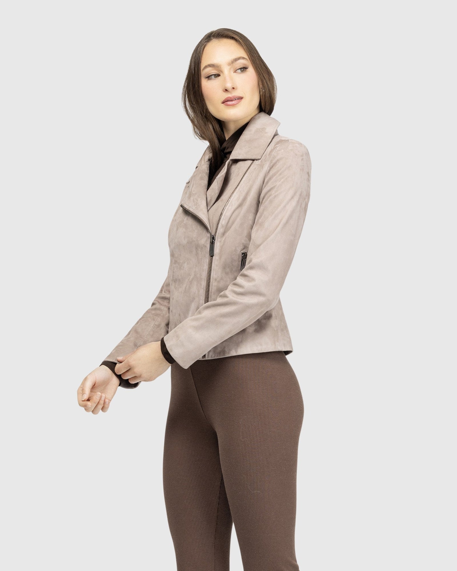 Metis Suede Moto Zip Jacket | Taupe