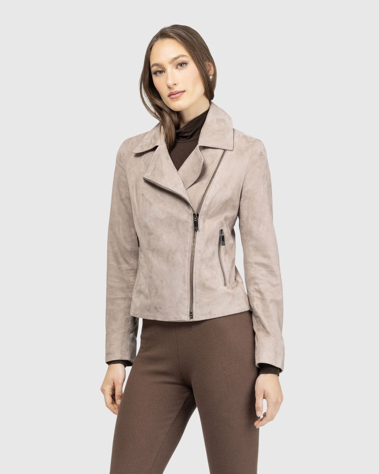 Metis Suede Moto Zip Jacket | Taupe
