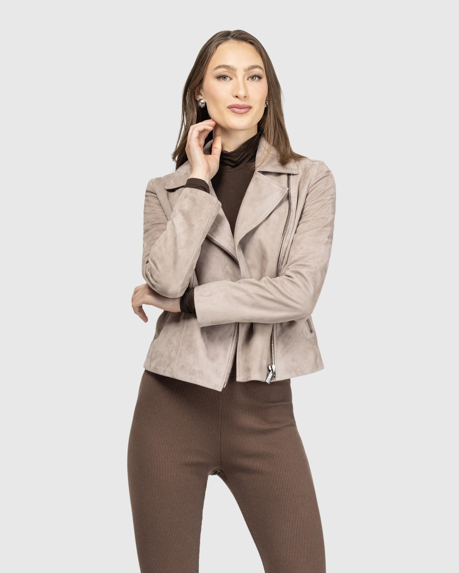 Metis Suede Moto Zip Jacket | Taupe