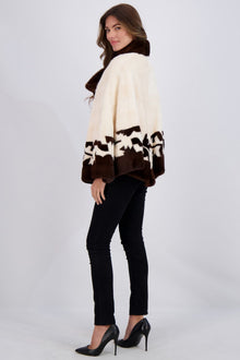 Mink Asymmetric Jacket With Stand Collar, Intarsia Detail | Women | Crystal Beige x Dark Brown