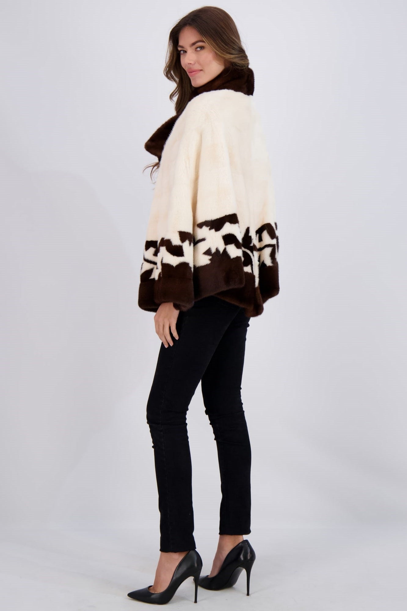 Mink Asymmetric Jacket With Stand Collar, Intarsia Detail | Women | Crystal Beige x Dark Brown