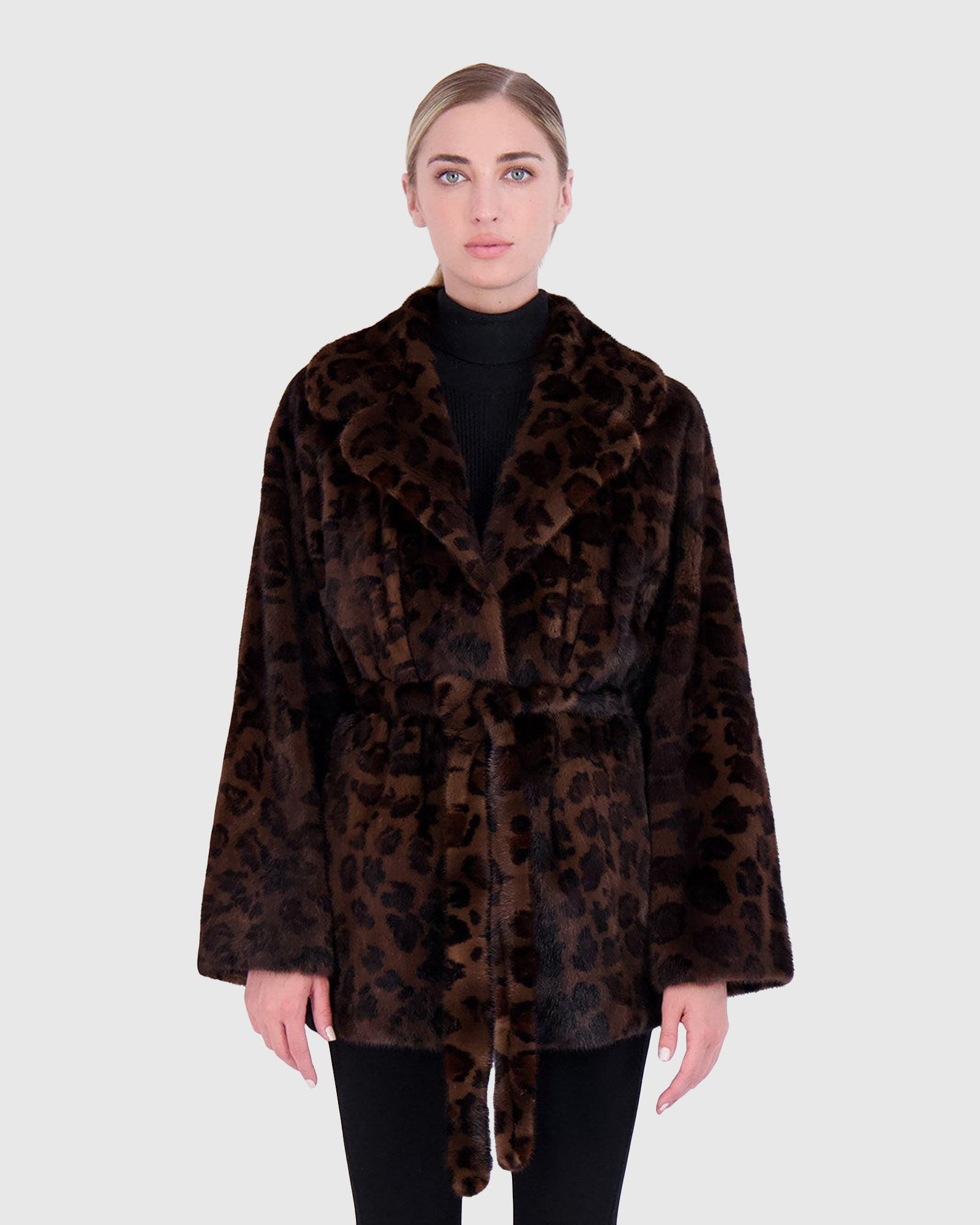 Mink Jacket With Belt | Brown Animal Print (V1)