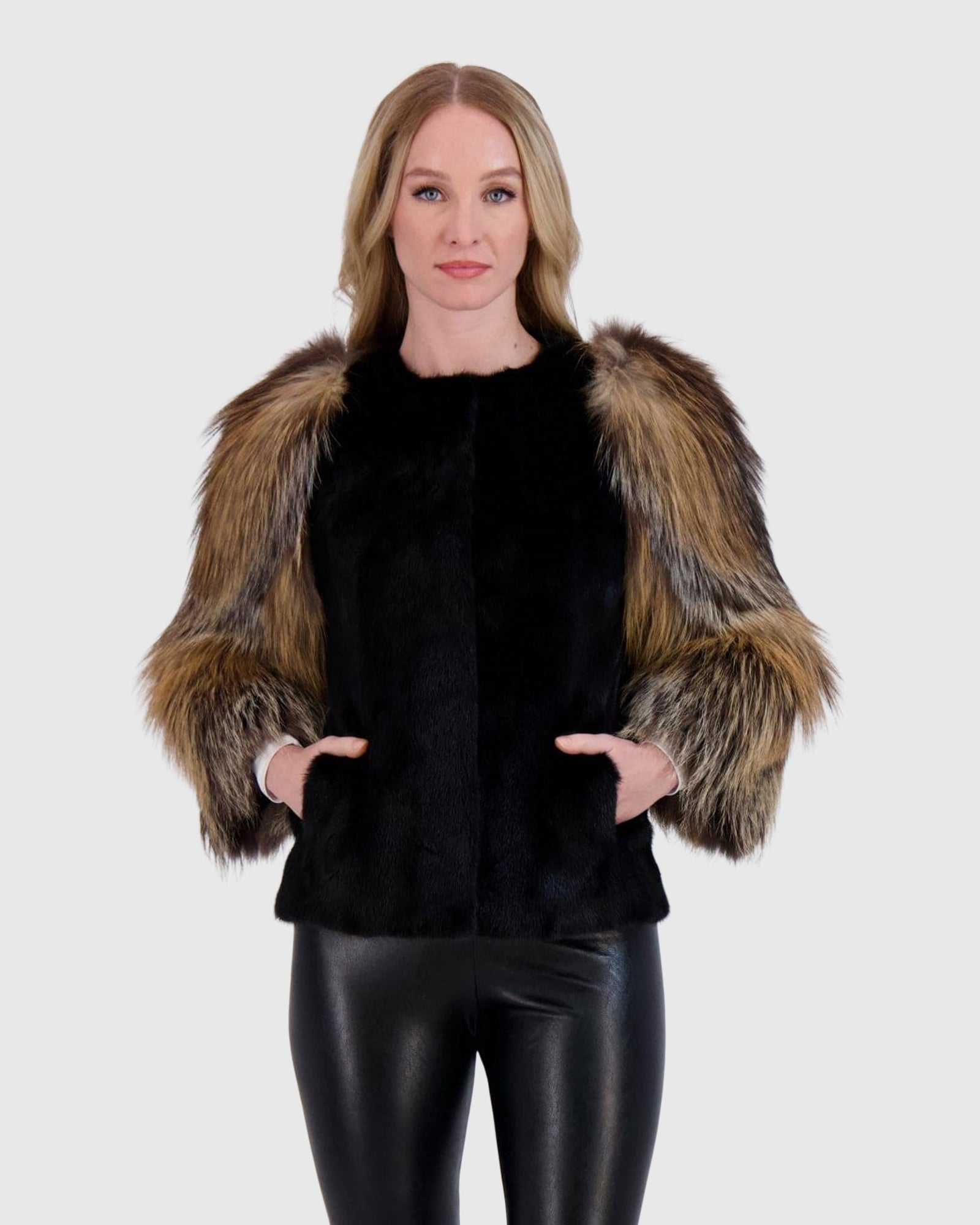 Mink Jacket With Fox Sleeves | Black/Goldcross Fox