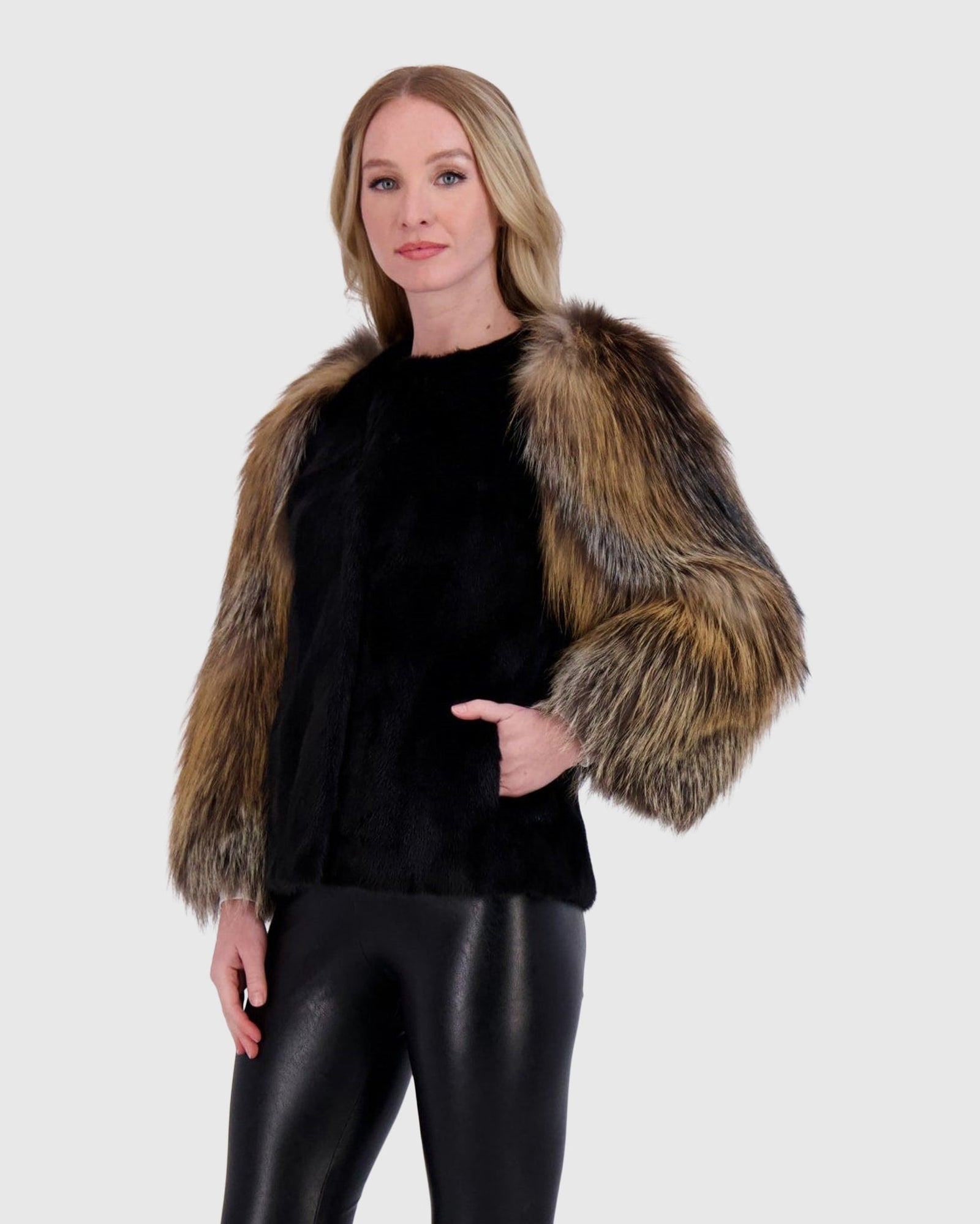Mink Jacket With Fox Sleeves | Black/Goldcross Fox
