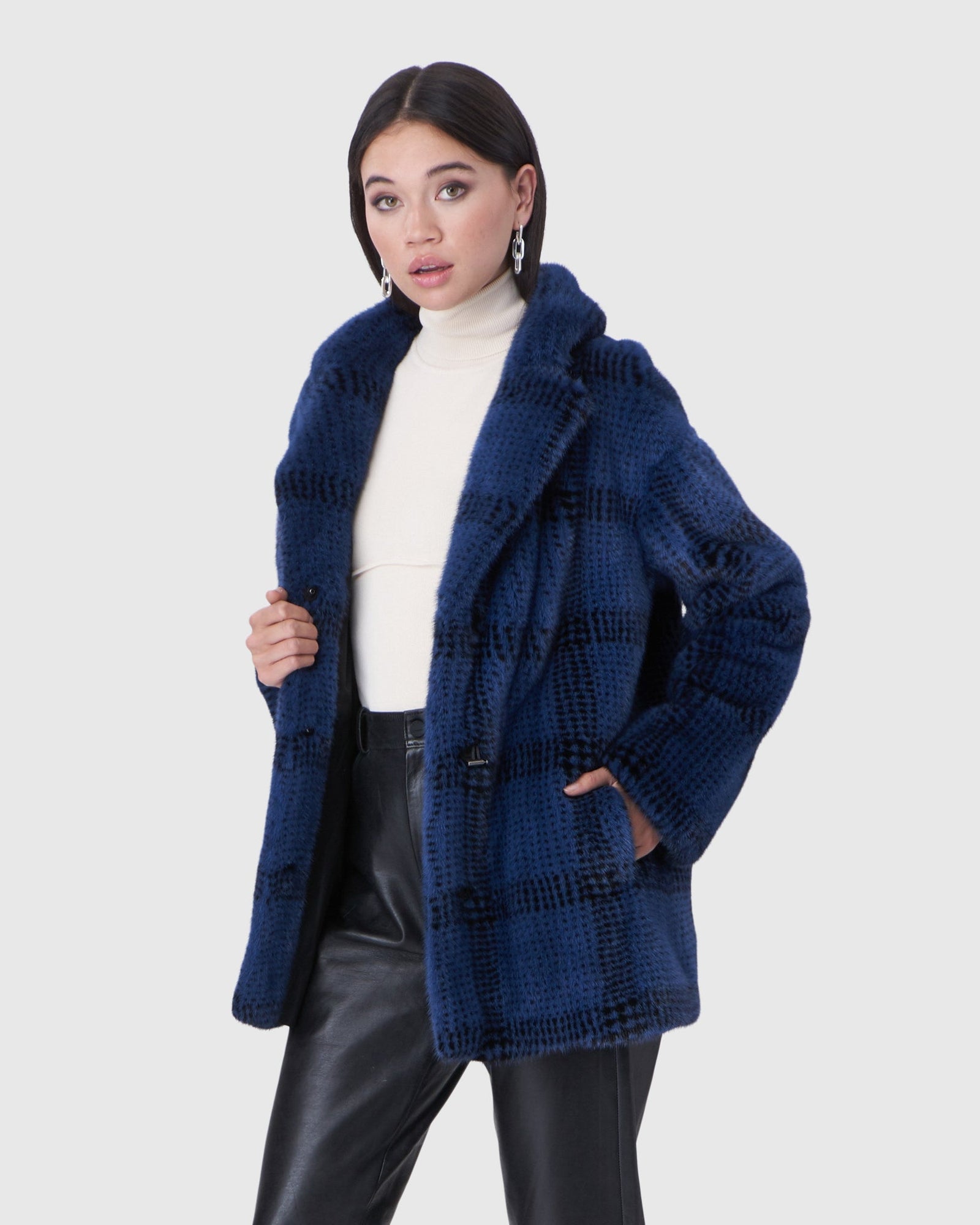 Mink Jacket With Notch Collar | Blue Plaid/Black