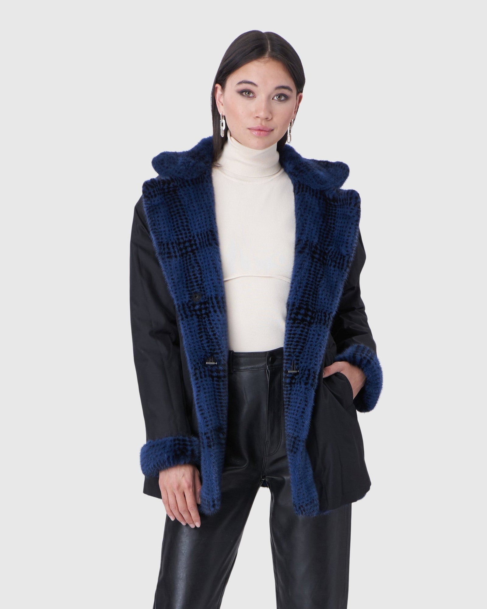 Mink Jacket With Notch Collar | Blue Plaid/Black