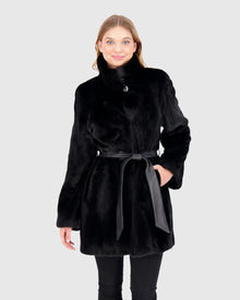 Mink Jacket With Stand Up Collar And Leather Belt | Black