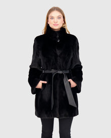 Mink Jacket With Stand Up Collar And Leather Belt | Black