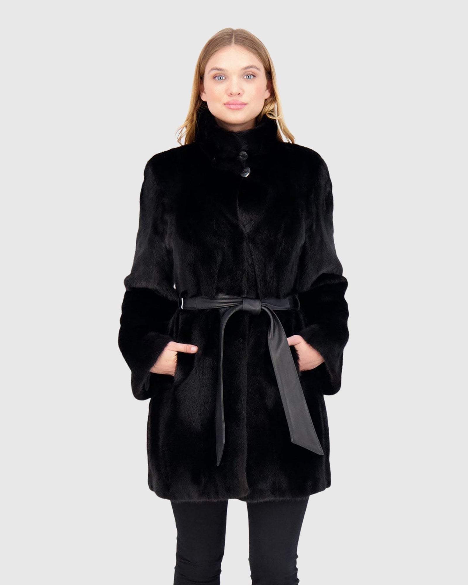Mink Jacket With Stand Up Collar And Leather Belt | Black