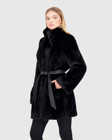 Mink Jacket With Stand Up Collar And Leather Belt | Black