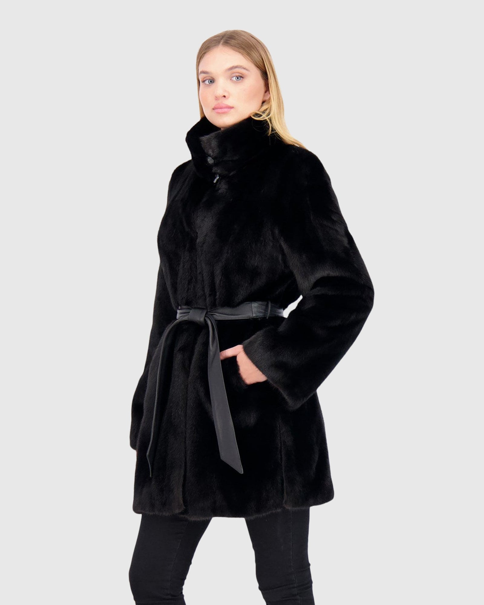 Mink Jacket With Stand Up Collar And Leather Belt | Black