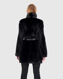 Mink Jacket With Stand Up Collar And Leather Belt | Black