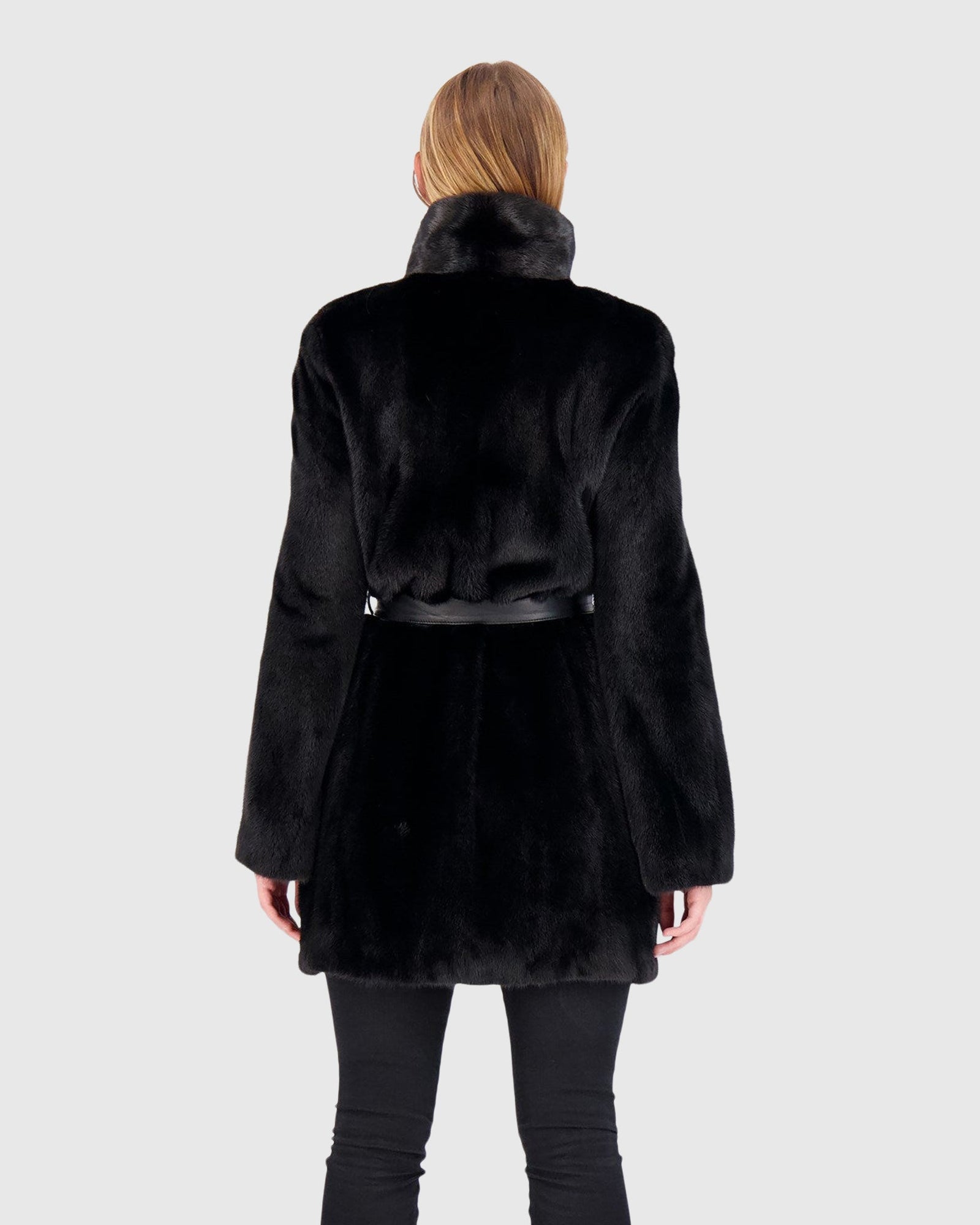 Mink Jacket With Stand Up Collar And Leather Belt | Black