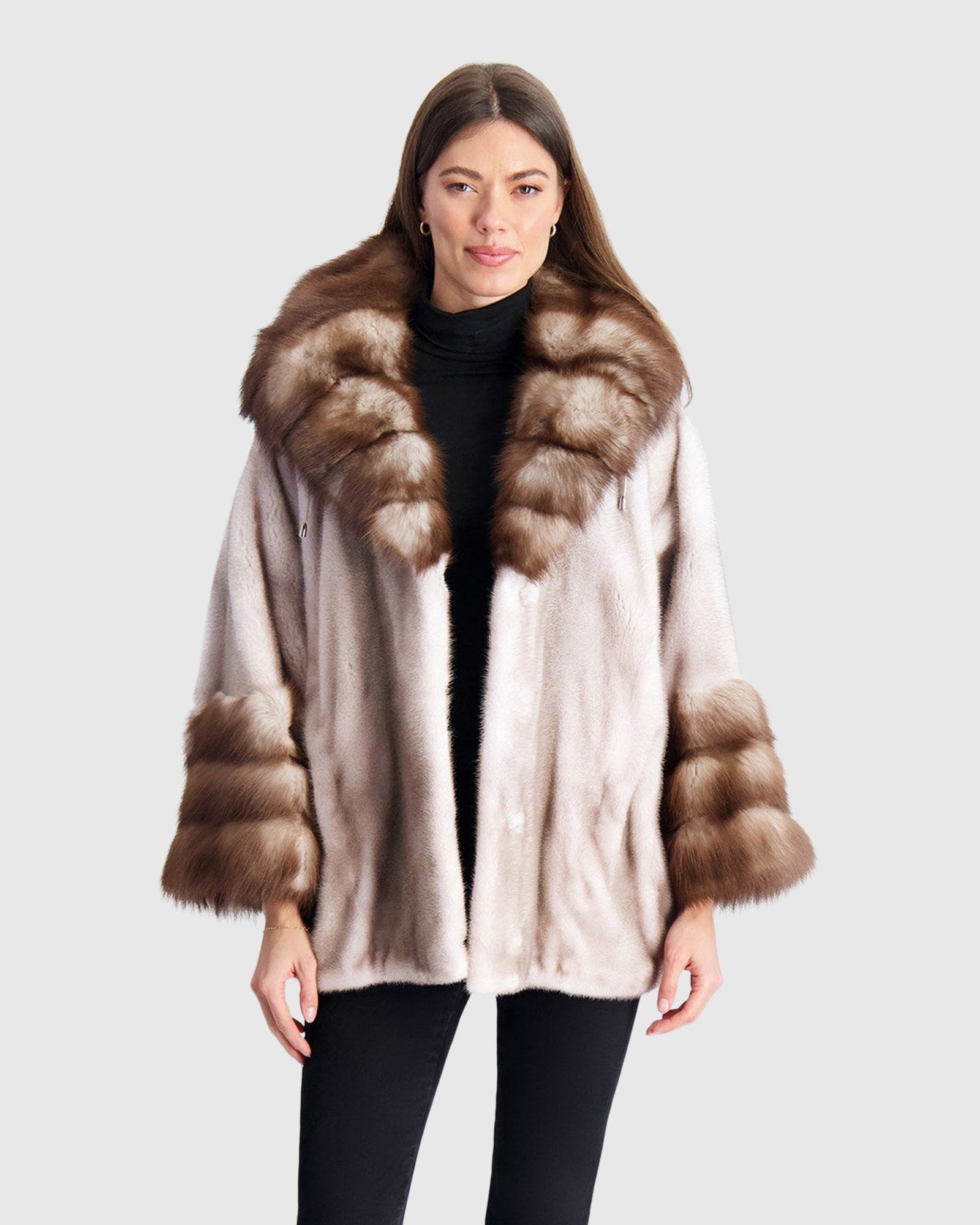 Mink Jacket With Stone Marten Collar And Cuffs | Silver Blue/White